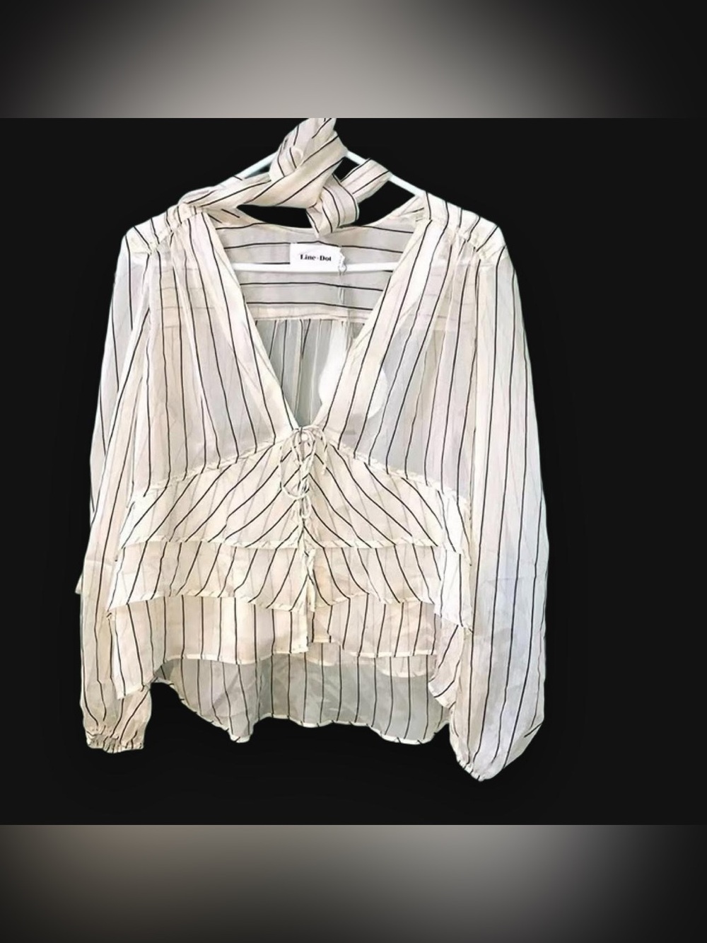 Line & Dot White Vertical-Stripe Ruffle Tie-Front Blouse